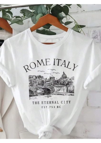 Unisex Italyan Skyline Özel Tasarım Ön Baskılı Tasarım Tshirt