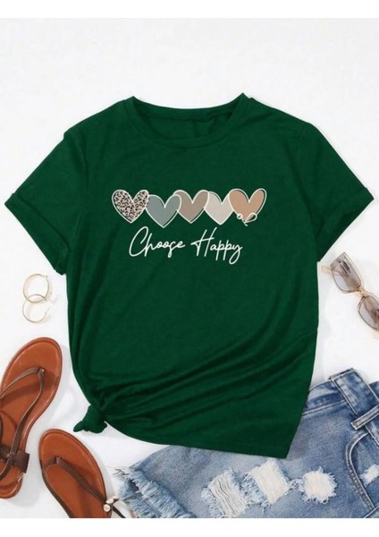Unisex Pamuklu Choose Happy Kalp Ön Baskılı Tasarım Tshirt