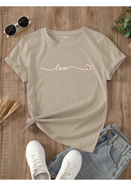 Unisex Pamuklu Love Kalp Ön Baskılı Tasarım Tshirt