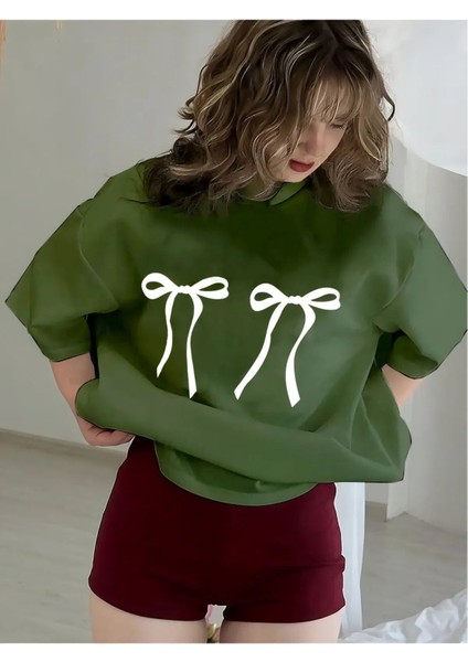 Kadın Çift Kurdele Baskılı Bisiklet Yaka Tshirt