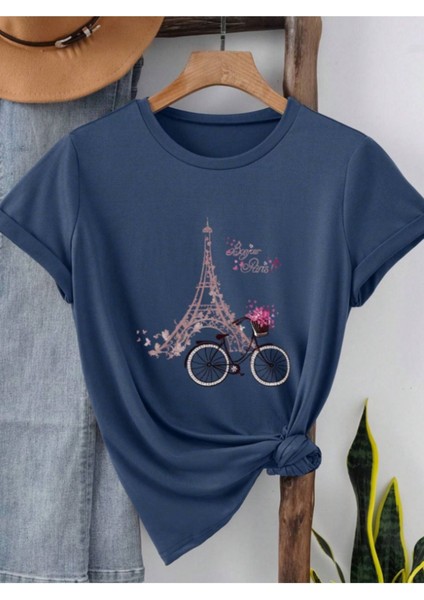Unisex Pamuklu Eyfel Kulesi Ön Baskılı Tasarım Tshirt