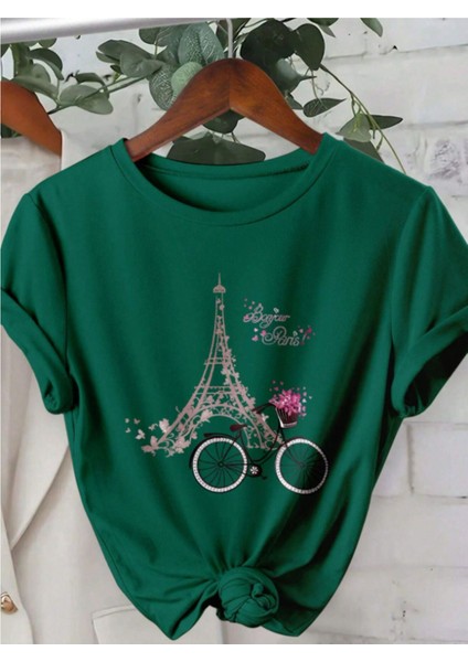 Unisex Pamuklu Eyfel Kulesi Ön Baskılı Tasarım Tshirt
