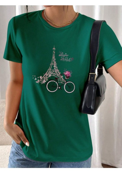 Unisex Pamuklu Eyfel Kulesi Ön Baskılı Tasarım Tshirt