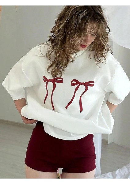 Kadın Çift Kurdele Baskılı Bisiklet Yaka Tshirt