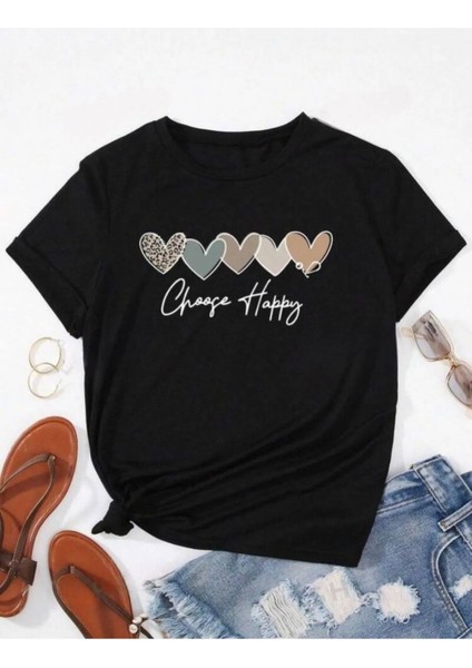 Unisex Pamuklu Choose Happy Kalp Ön Baskılı Tasarım Tshirt