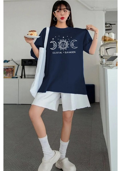 Unisex Sun Moon Ön Baskılı Oversize T-Shirt