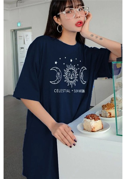 Unisex Sun Moon Ön Baskılı Oversize T-Shirt fiyatları