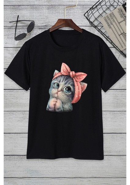 Unisex Sevimli Kedi Baskılı Tasarım T-Shirt