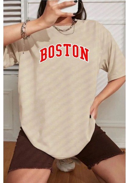 Unisex Boston Baskılı Tasarım T-Shirt
