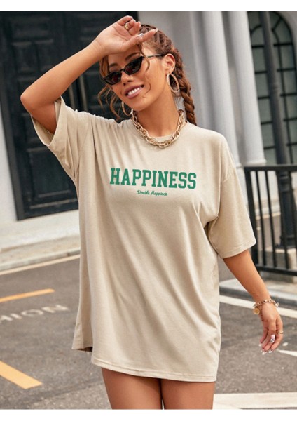 Unisex Pamuklu Happiness Ön Baskılı Tasarım Tshirt