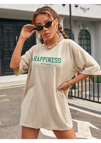 Unisex Pamuklu Happiness Ön Baskılı Tasarım Tshirt fiyatları