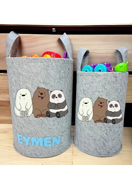Unisex Kişiye Özel Isimli Gri Baskılı Büyük ve Orta Boy Bebek Çocuk Odası Oyuncak ve Çamaşır Sepeti