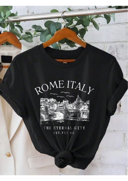 Unisex Italyan Skyline Özel Tasarım Ön Baskılı Tasarım Tshirt