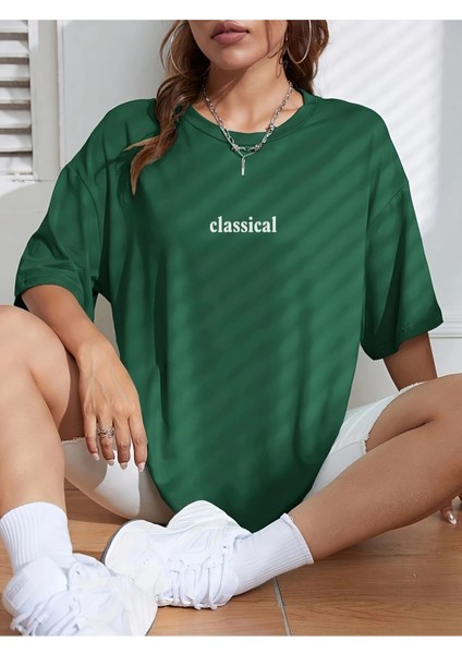 Kadın Yeşil Classical Ön Baskılı Oversize T-Shirt