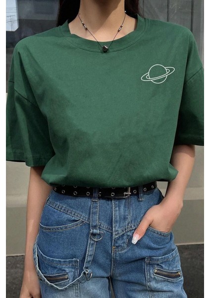Unisex Saturn Baskılı Tasarım T-Shirt