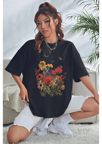 Unisex Pamuklu Butterfly Flowers Ön Baskılı Tasarım Tshirt