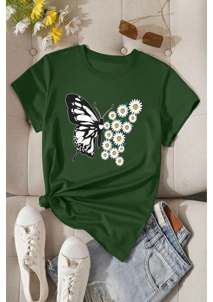 Kadın Pamuklu Ön Baskılı Papatya Kelebek Tasarım Tshirt