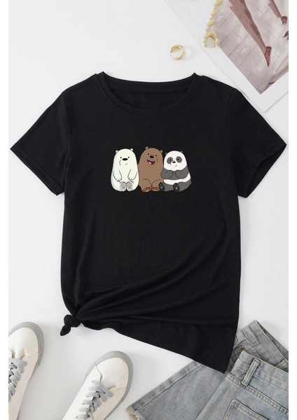 Unisex Kafadar Ayılar Tasarım Kısa Kol Tshirt