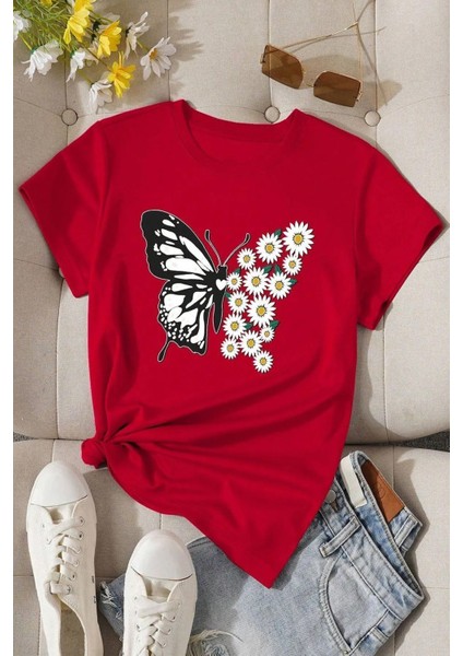 Unisex Pamuklu Ön Baskılı Papatya Kelebek Baskılı Kısa Kol T-Shirt