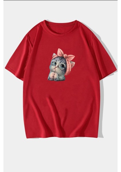Unisex Sevimli Kedi Tasarım Kısa Kol T-Shirt