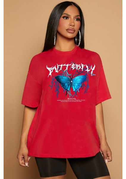 Unisex Blue Butterfly Baskılı Kısa Kol T-Shirt