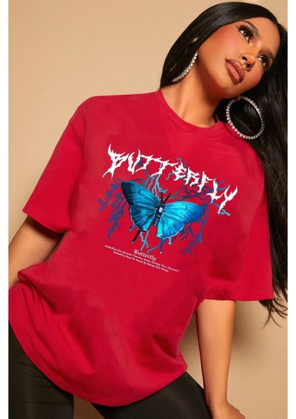 Unisex Blue Butterfly Baskılı Kısa Kol T-Shirt fiyatları