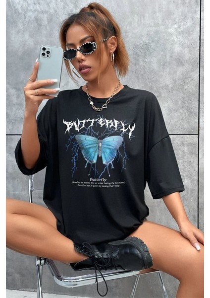 Unisex Blue Butterfly Baskılı Kısa Kol T-Shirt