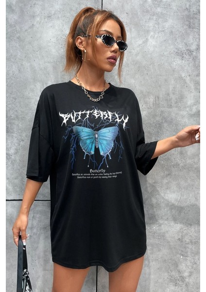 Unisex Blue Butterfly Baskılı Kısa Kol T-Shirt fiyatları