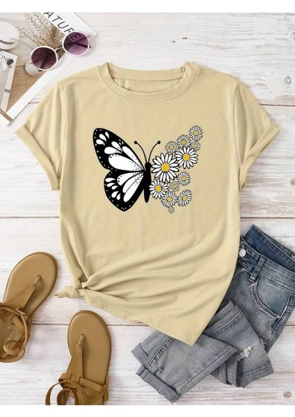 Kadın Pamuklu Ön Baskılı Papatya Kelebek Tasarım Tshirt