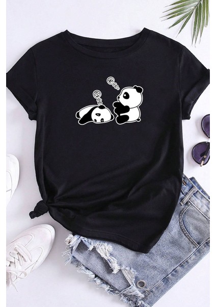 Unisex Uykucu Panda Baskılı Tasarım Tshirt