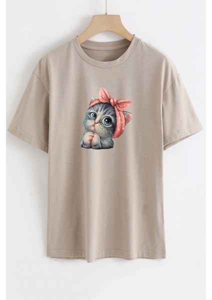 Unisex Sevimli Kedi Baskılı Tasarım T-Shirt