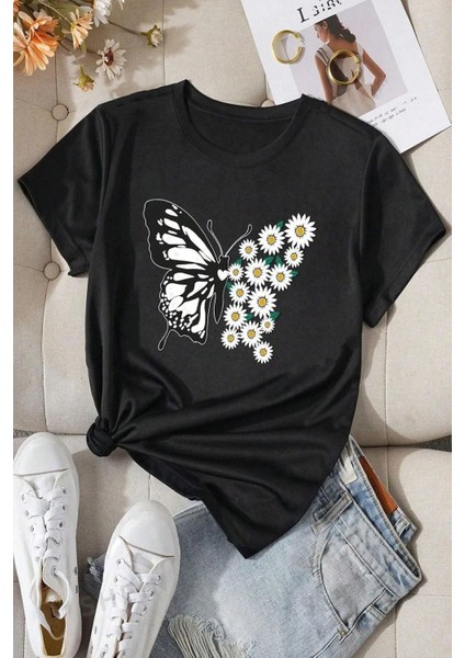 Unisex Pamuklu Ön Baskılı Papatya Kelebek Baskılı Kısa Kol T-Shirt