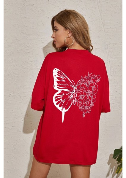 Unisex Drawing Butterflies Tasarım Kısa Kol T-Shirt
