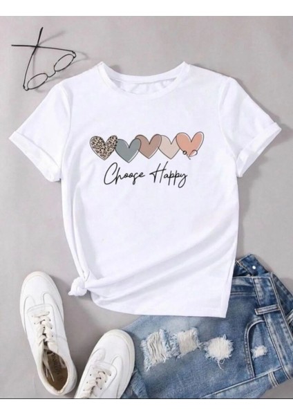 Unisex Pamuklu Choose Happy Kalp Ön Baskılı Tasarım Tshirt