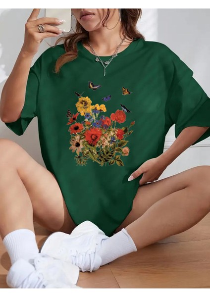 Unisex Pamuklu Butterfly Flowers Ön Baskılı Tasarım Tshirt
