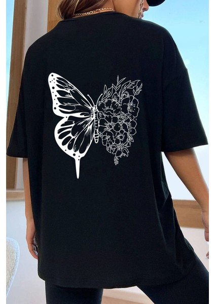 Unisex Drawing Butterflies Tasarım Kısa Kol T-Shirt