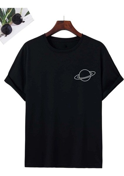 Unisex Saturn Baskılı Kısa Kol T-Shirt