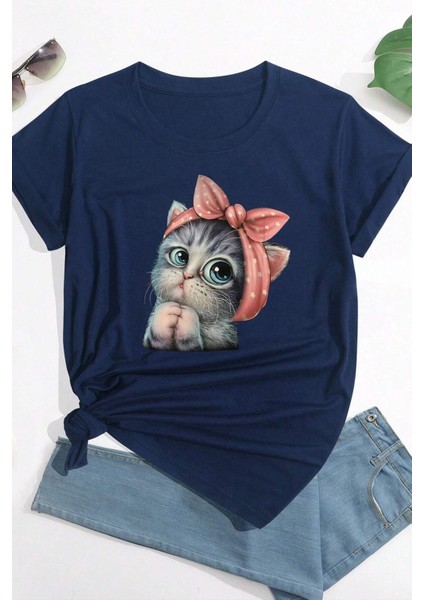 Unisex Sevimli Kedi Baskılı Tasarım T-Shirt
