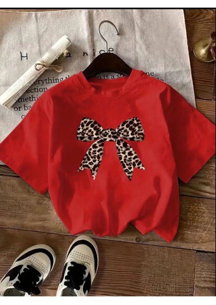 Unisex Leopar Desenli Kurdele Özel Tasarım Ön Baskılı Tasarım Tshirt