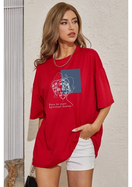 Unisex Minimal Line Drawing Baskılı Kısa Kol T-Shirt