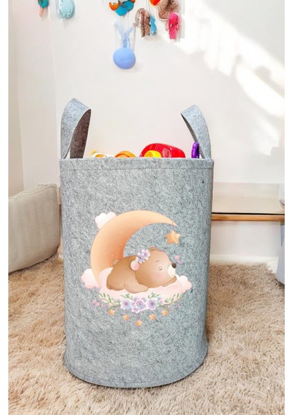 Unisex Çiçek Ayı Desenli Bebek Çocuk Odası Düzenleyici Saklama Kutusu Oyuncak Kirli Sepeti 40X35 cm