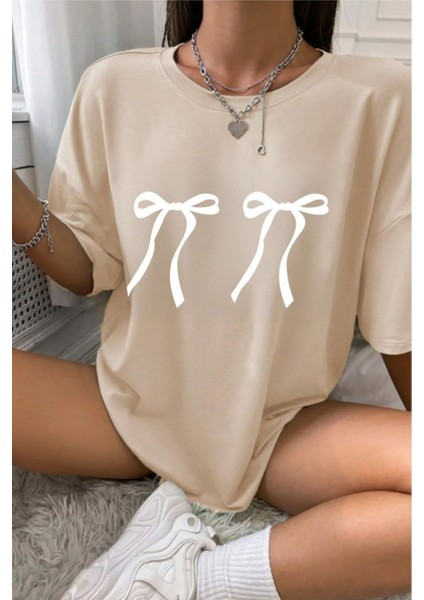 Kadın Çift Kurdele Baskılı Bisiklet Yaka Tshirt