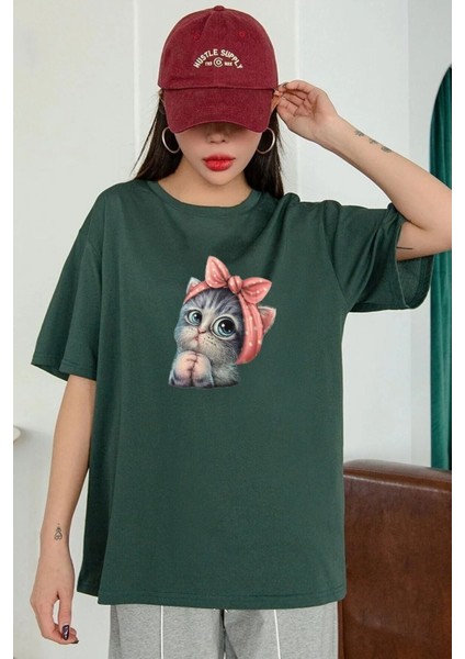 Unisex Sevimli Kedi Baskılı Tasarım T-Shirt