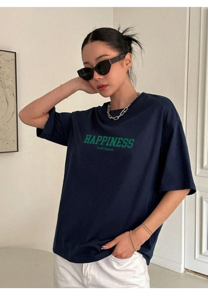 Unisex Pamuklu Happiness Ön Baskılı Tasarım Tshirt