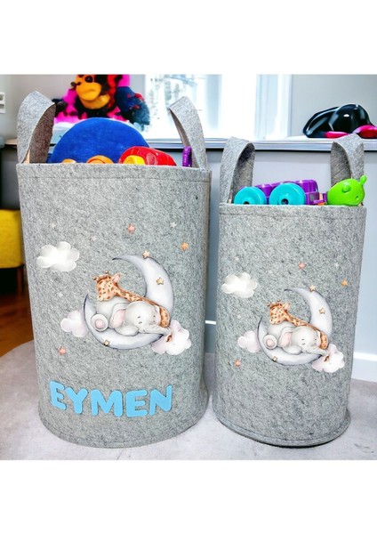 Unisex Kişiye Özel Isimli Gri Baskılı Büyük ve Orta Boy Bebek Çocuk Odası Oyuncak ve Çamaşır Sepeti