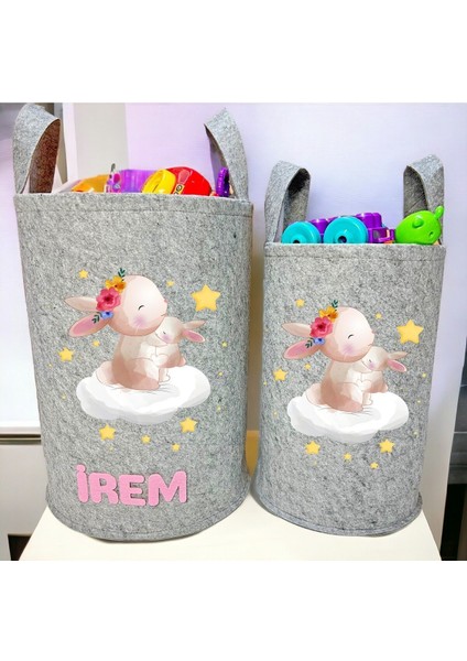 Unisex Kişiye Özel Isimli Gri Baskılı Büyük ve Orta Boy Bebek Çocuk Odası Oyuncak ve Çamaşır Sepeti