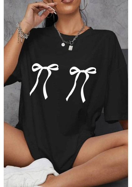 Kadın Çift Kurdele Baskılı Bisiklet Yaka Tshirt