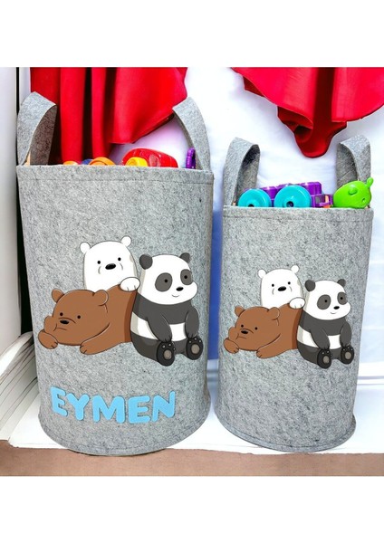 Unisex Kişiye Özel Isimli Gri Baskılı Büyük ve Orta Boy Bebek Çocuk Odası Oyuncak ve Çamaşır Sepeti