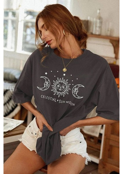 Unisex Sun Moon Sırt Baskılı Oversize T-Shirt