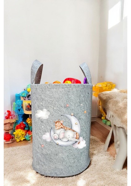 Unisex Fil Zürafa Desenli Bebek Çocuk Odası Düzenleyici Saklama Kutusu Oyuncak Kirli Sepeti 40X35 cm